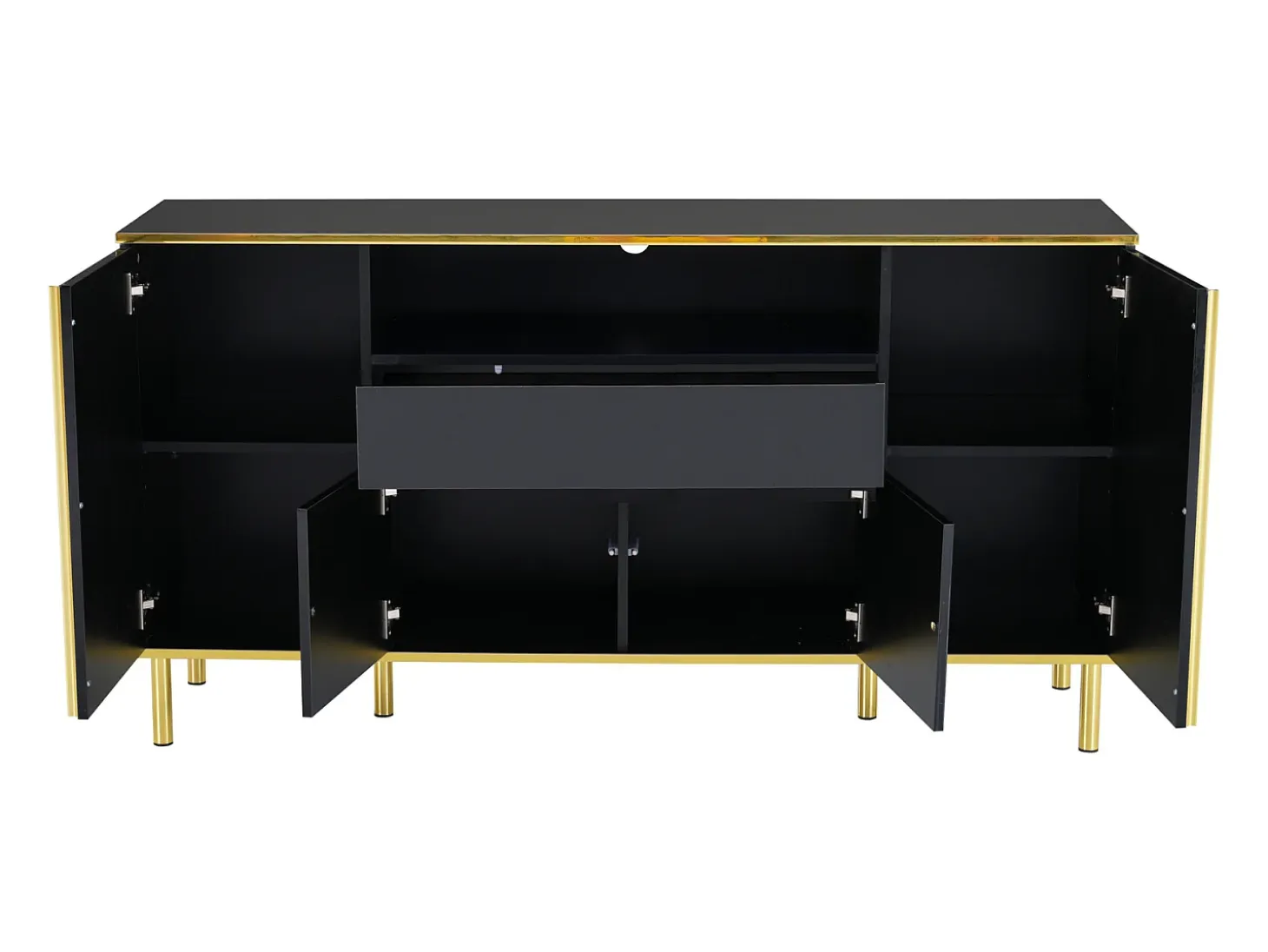 Armario de almacenamiento negro con cuatro puertas y dos cajones, armario moderno con luces LED.