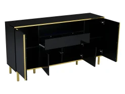 Armario de almacenamiento negro con cuatro puertas y dos cajones, armario moderno con luces LED.
