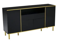 Armario de almacenamiento negro con cuatro puertas y dos cajones, armario moderno con luces LED.
