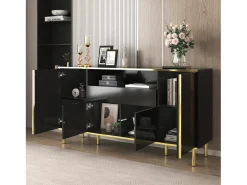 Armario de almacenamiento negro con cuatro puertas y dos cajones, armario moderno con luces LED.