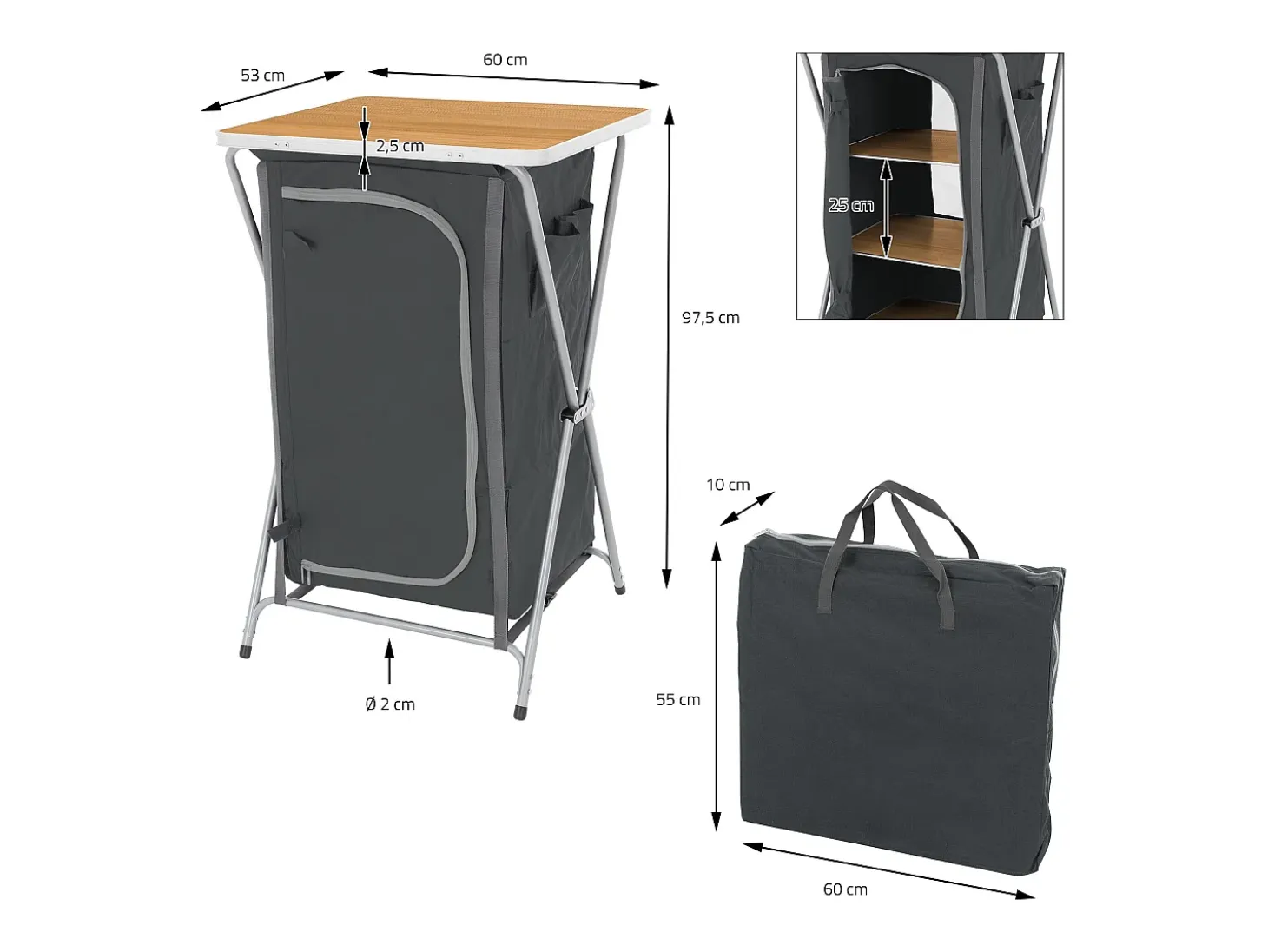 Armario de camping plegable multiusos, carrito de servicio y de viaje con mesa