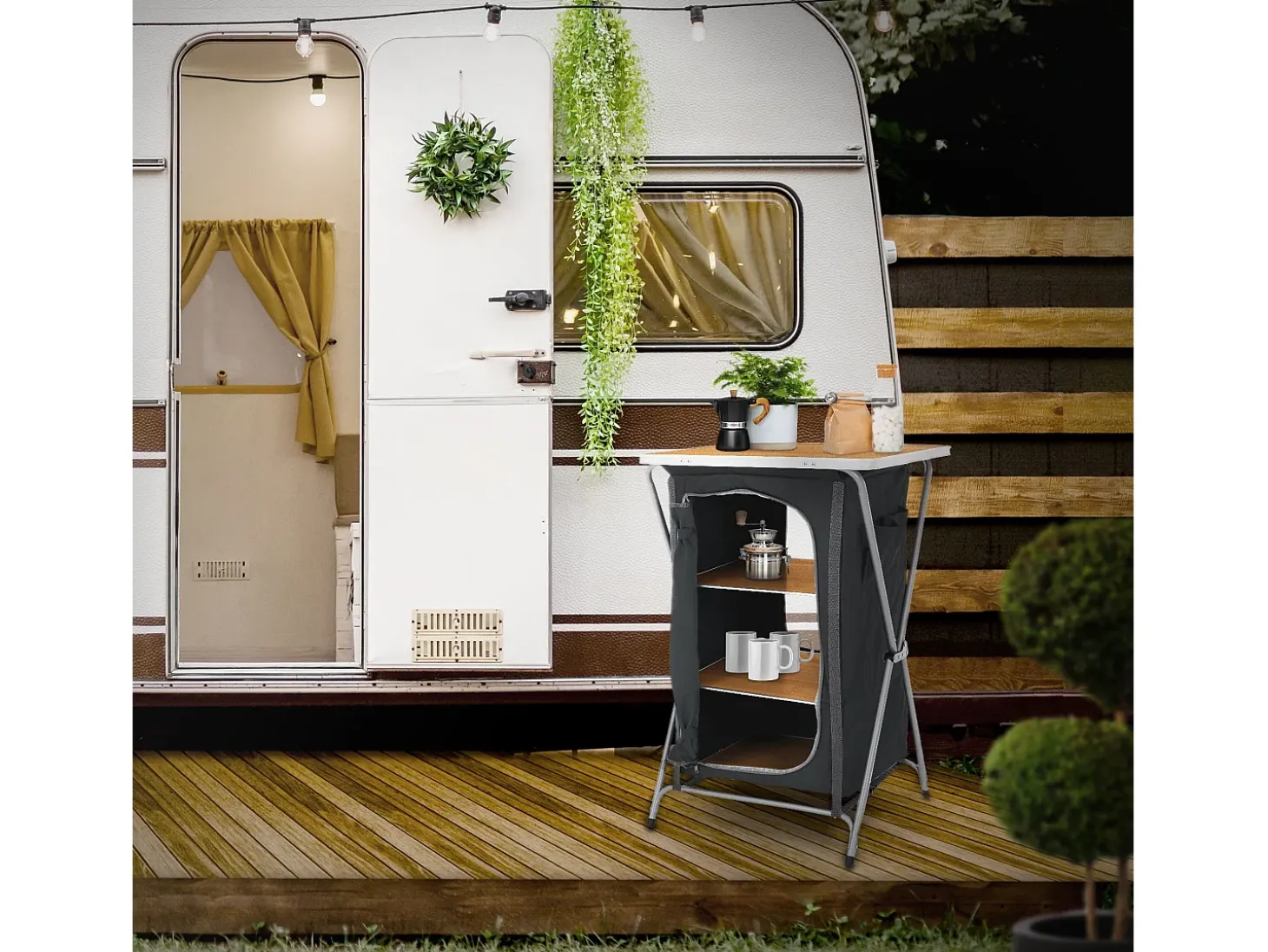 Armario de camping plegable multiusos, carrito de servicio y de viaje con mesa