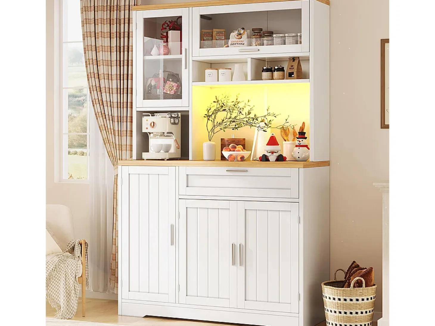 Armario de cocina, mueble alto/expositor con iluminación LED, 104x40x180 cm, blanco