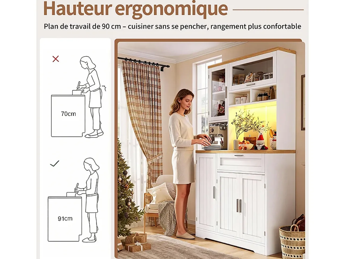 Armario de cocina, mueble alto/expositor con iluminación LED, 104x40x180 cm, blanco