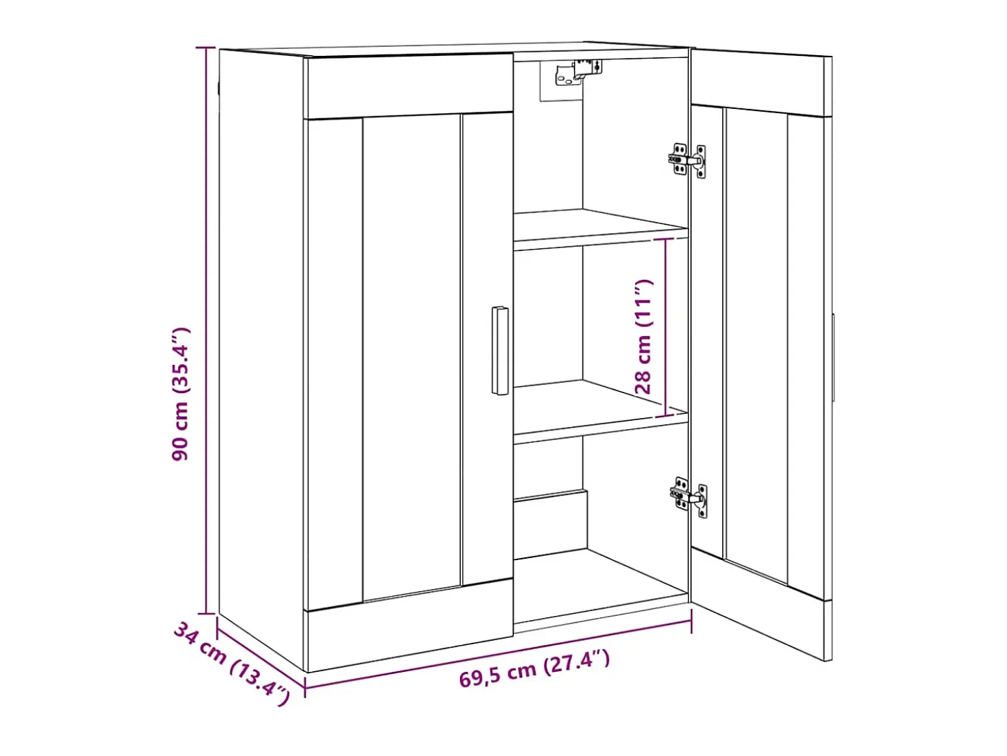 Armario de pared colgante de roble hecho a mano 69,5x34x90 cm