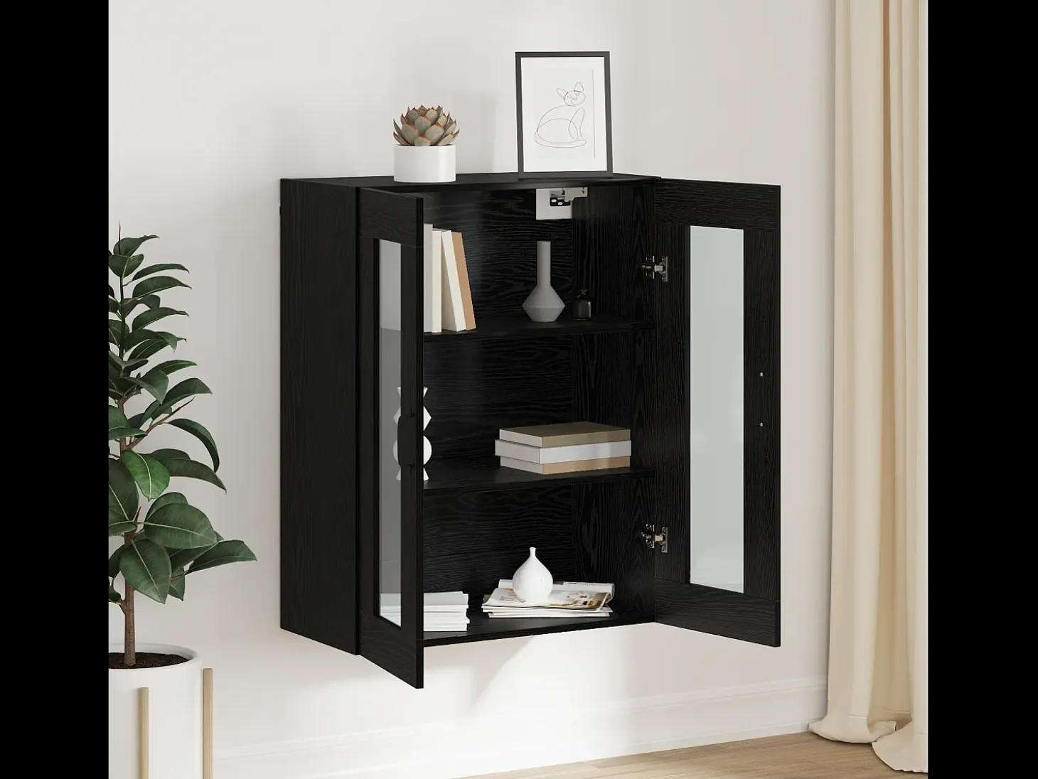 Armario de pared colgante con estante Montaje en pared con almacenaje con puerta Negro 69,5 x 34 x 90 cm