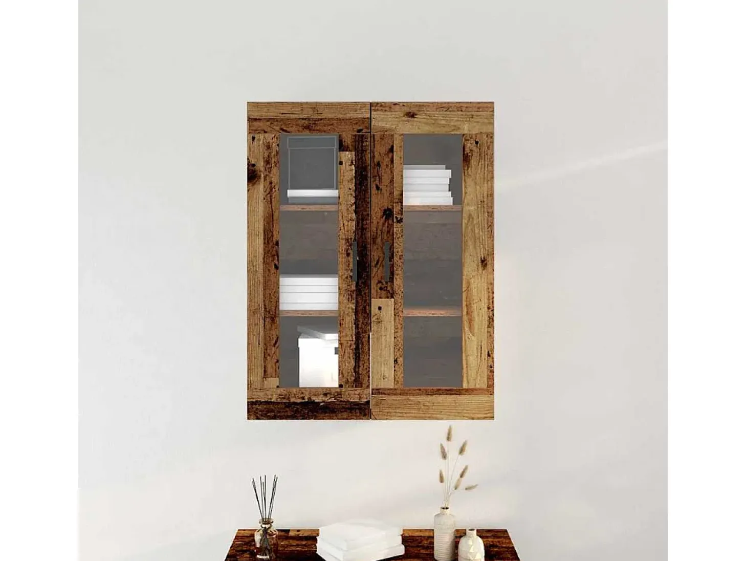 Armario de pared con puertas de cristal - Madera antigua - 69,5 x 34 x 90 cm