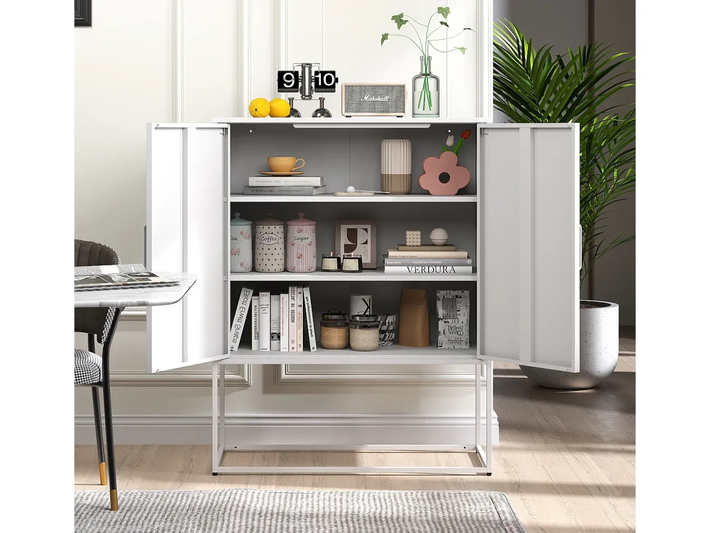Armario metálico con puertas de cristal magnético, estante regulable, diseño moderno, para cocina, salón y oficina, color negro (80x35x160 cm)