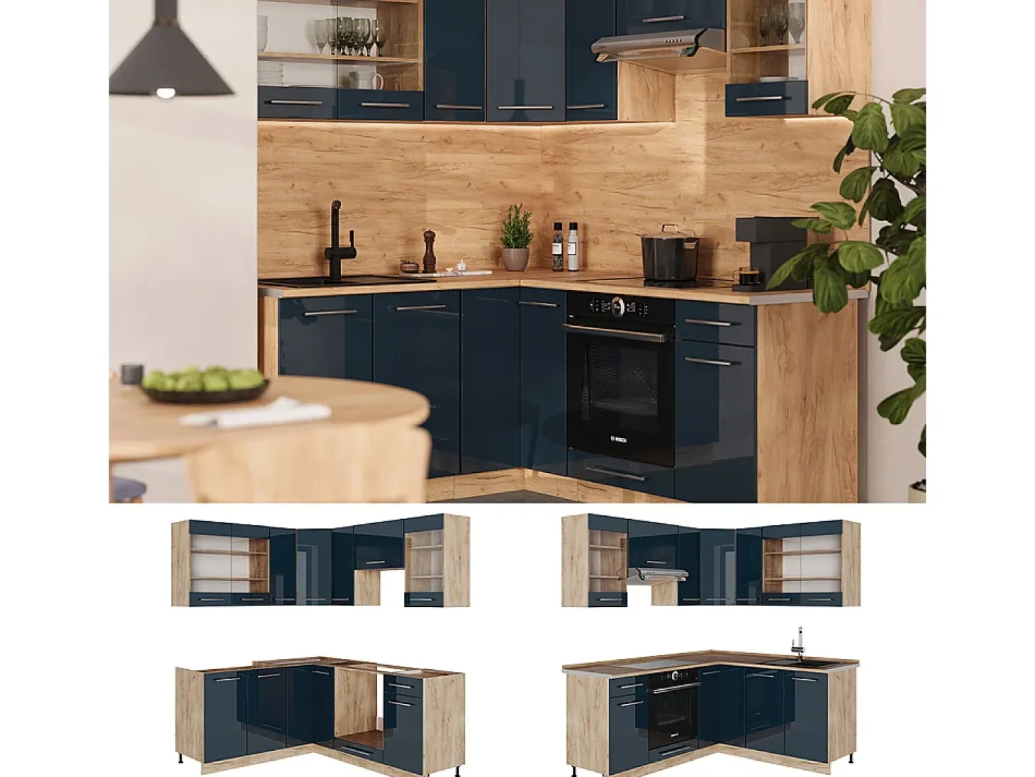 Armarios de cocina azul oscuro alto brillo/roble dorado 190x60x81.6 fame-line