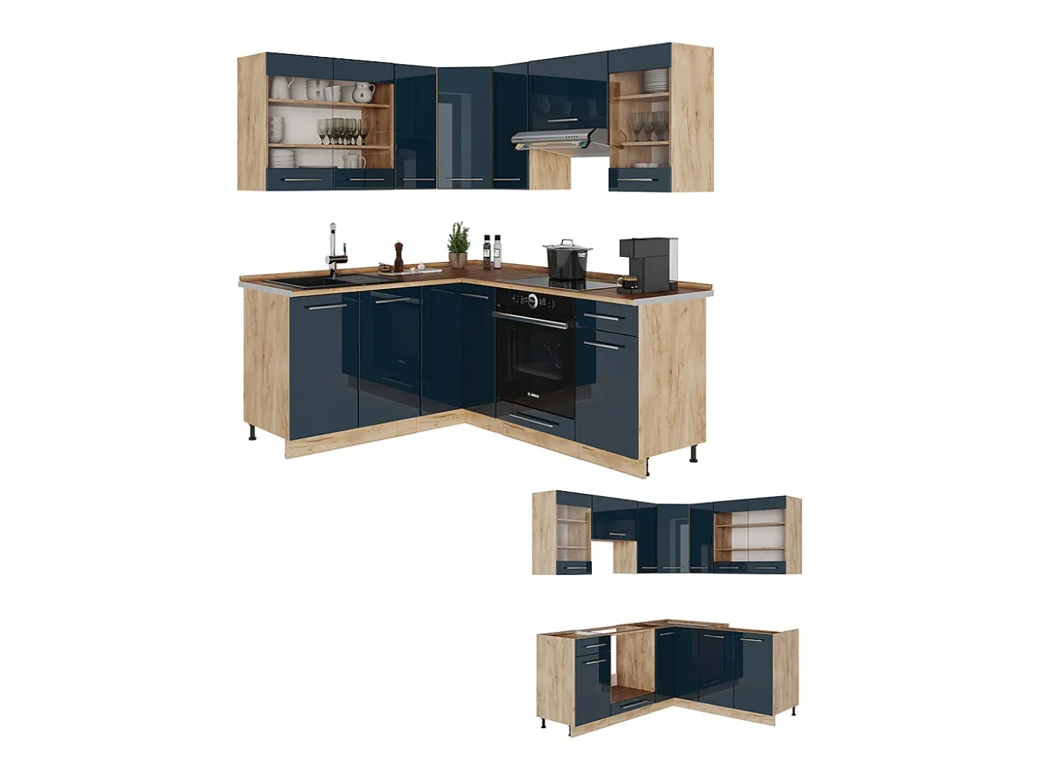 Armarios de cocina azul oscuro alto brillo/roble dorado 190x60x81.6 fame-line