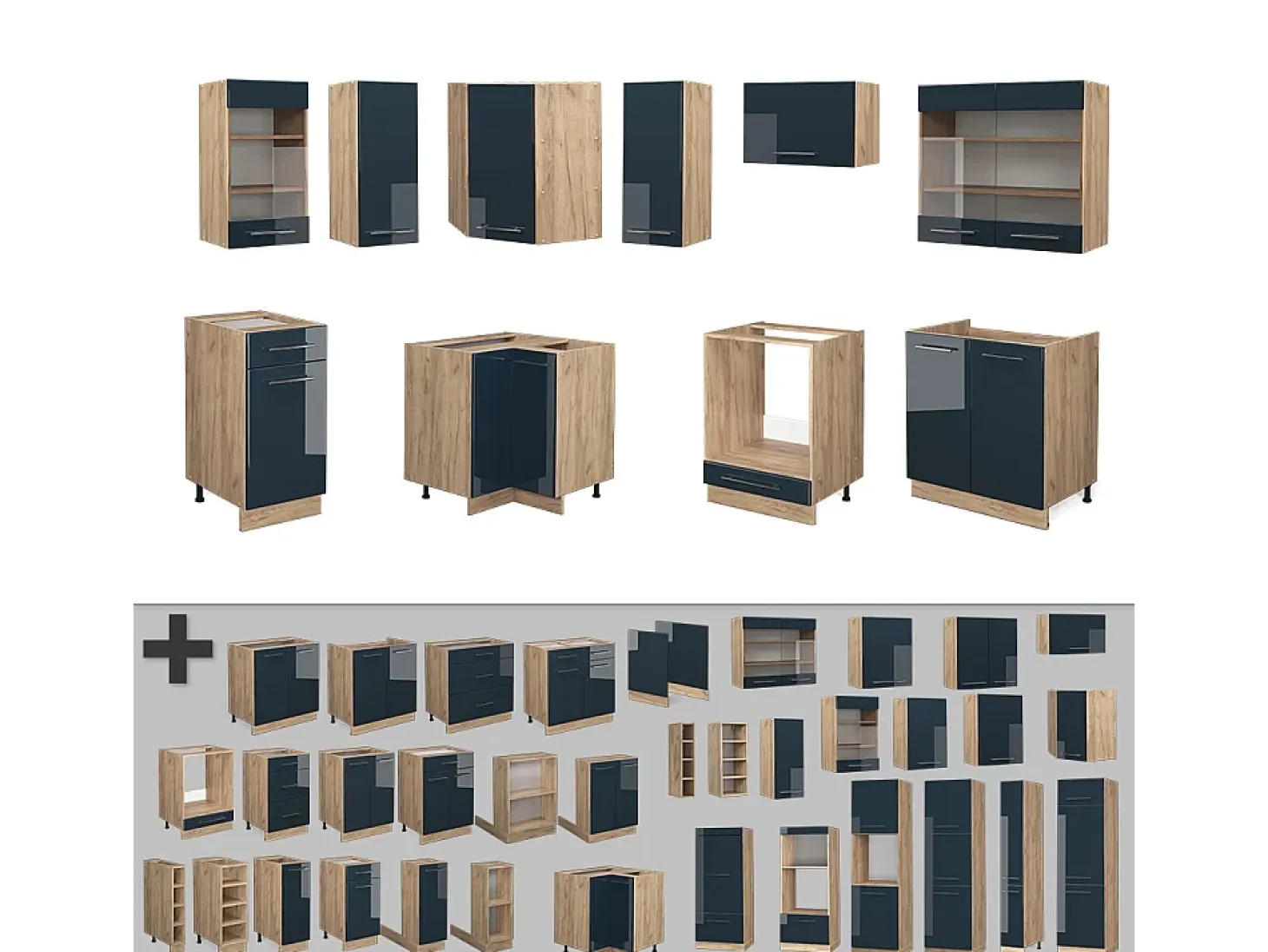 Armarios de cocina azul oscuro alto brillo/roble dorado 190x60x81.6 fame-line