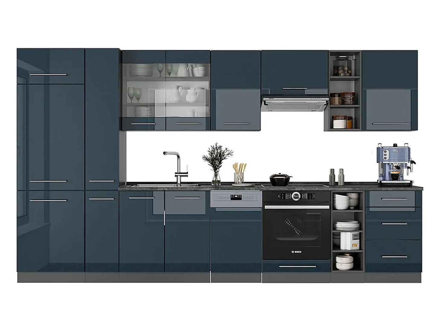 Armarios de cocina azul oscuro alto brillo/antracita 355x46x81.6 fame-line