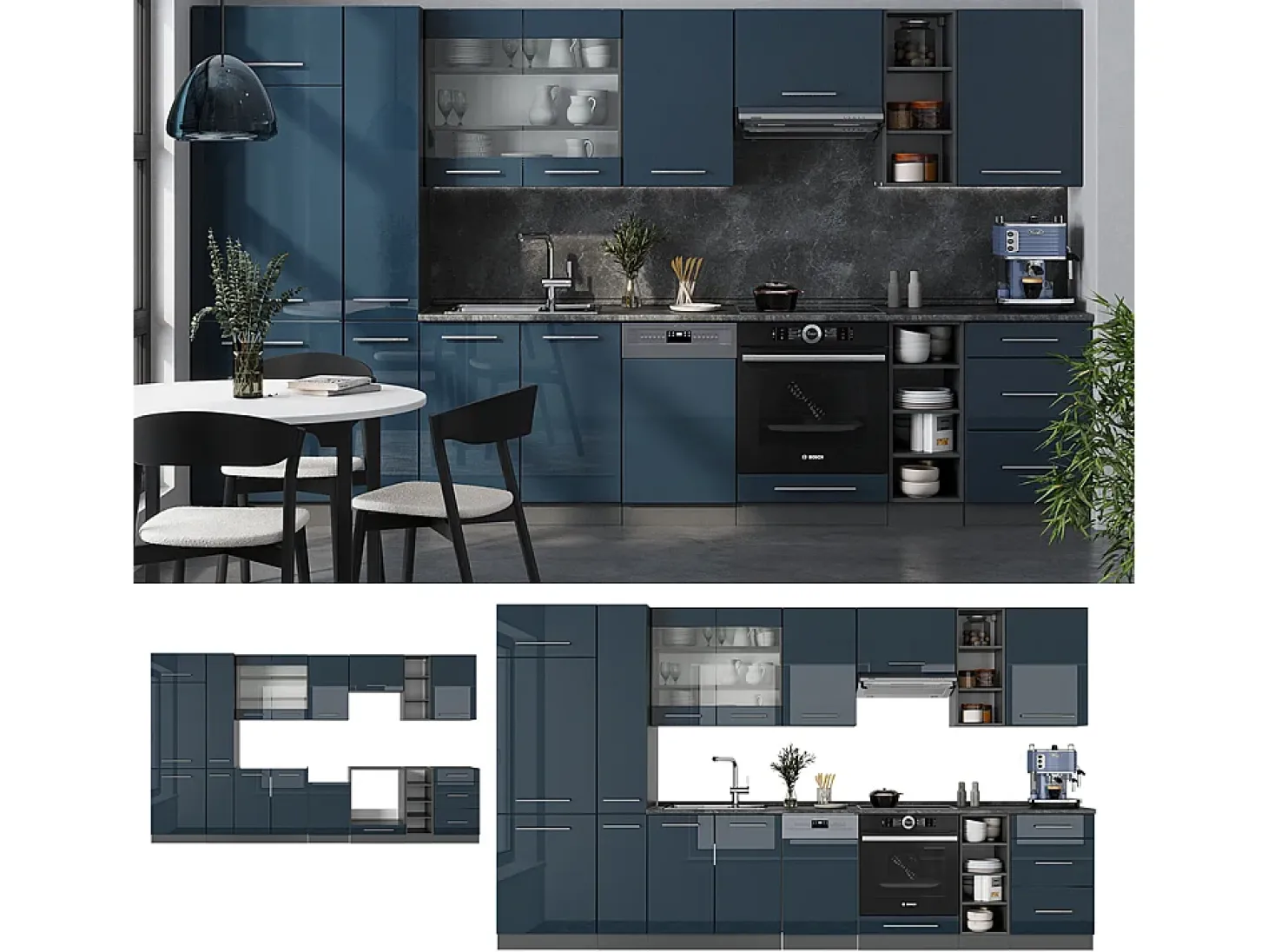 Armarios de cocina azul oscuro alto brillo/antracita 355x46x81.6 fame-line