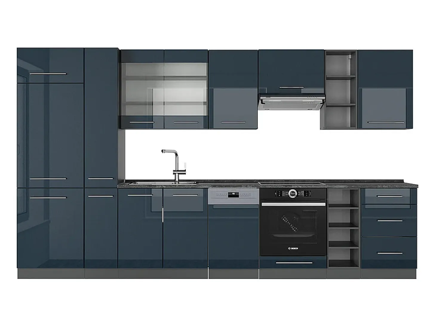 Armarios de cocina azul oscuro alto brillo/antracita 355x46x81.6 fame-line