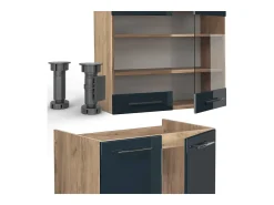 armarios de cocina azul oscuro alto brillo/roble dorado 200x60x81.6 fame-line