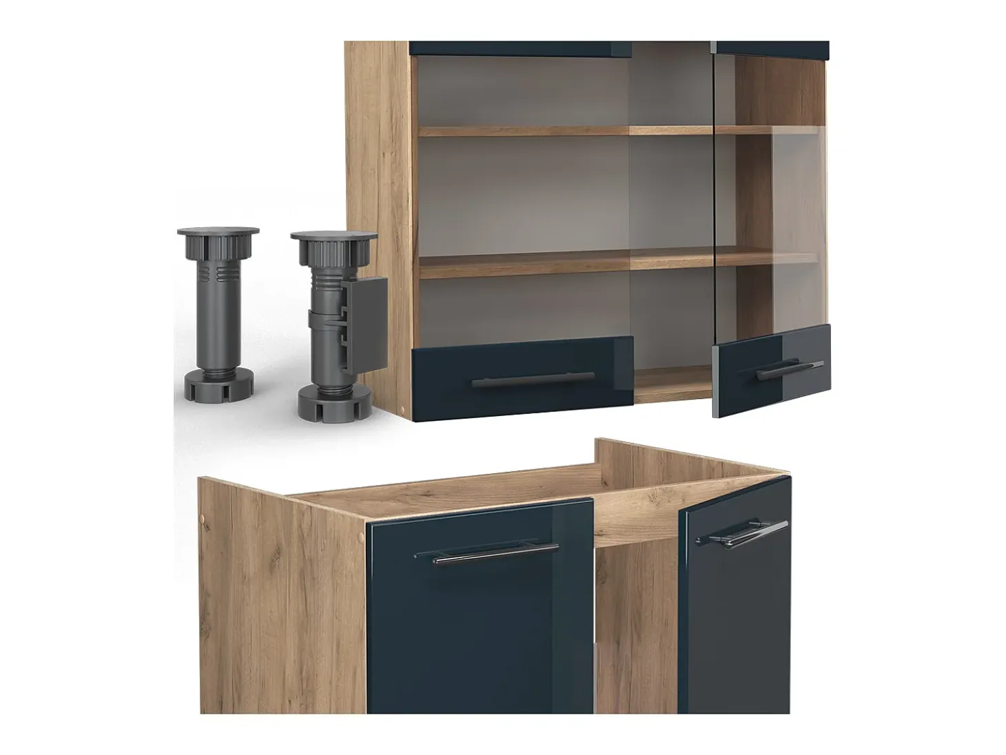 armarios de cocina azul oscuro alto brillo/roble dorado 200x60x81.6 fame-line
