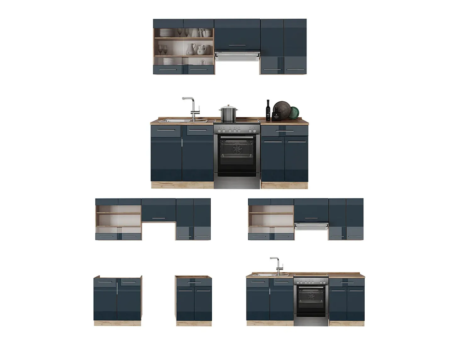 armarios de cocina azul oscuro alto brillo/roble dorado 200x60x81.6 fame-line