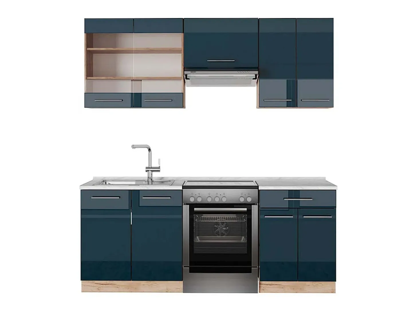 armarios de cocina azul oscuro alto brillo/roble dorado 200x60x81.6 fame-line