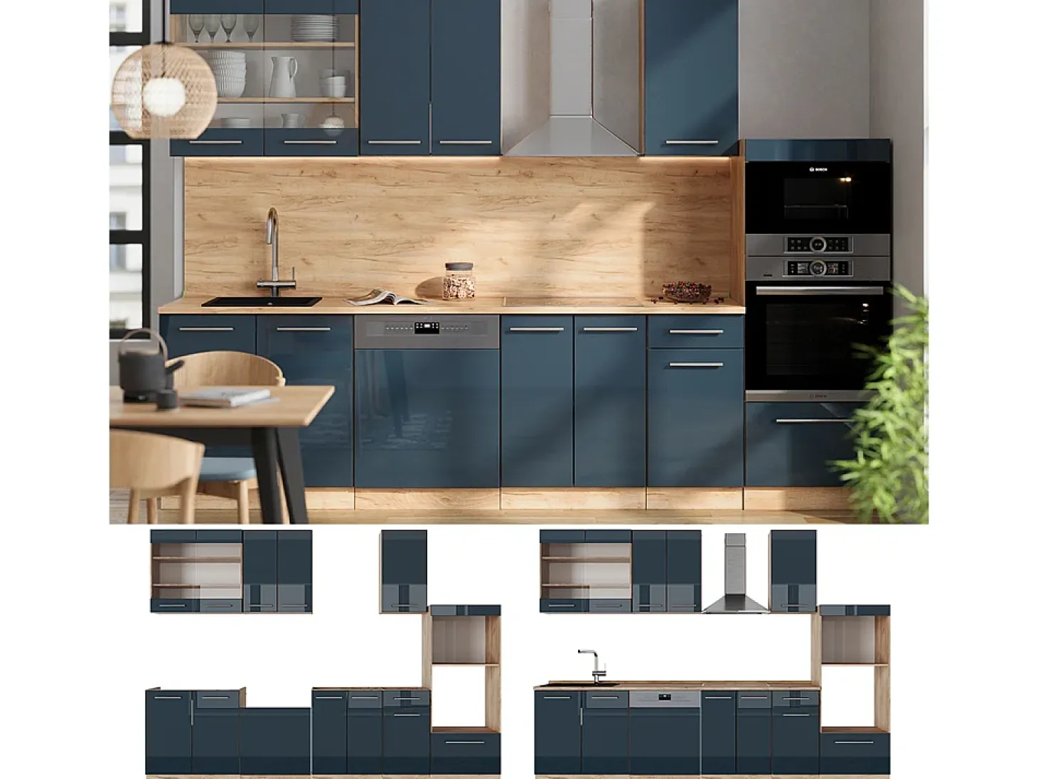 Armarios de cocina azul oscuro alto brillo/roble dorado 300x46x81.6 fame-line