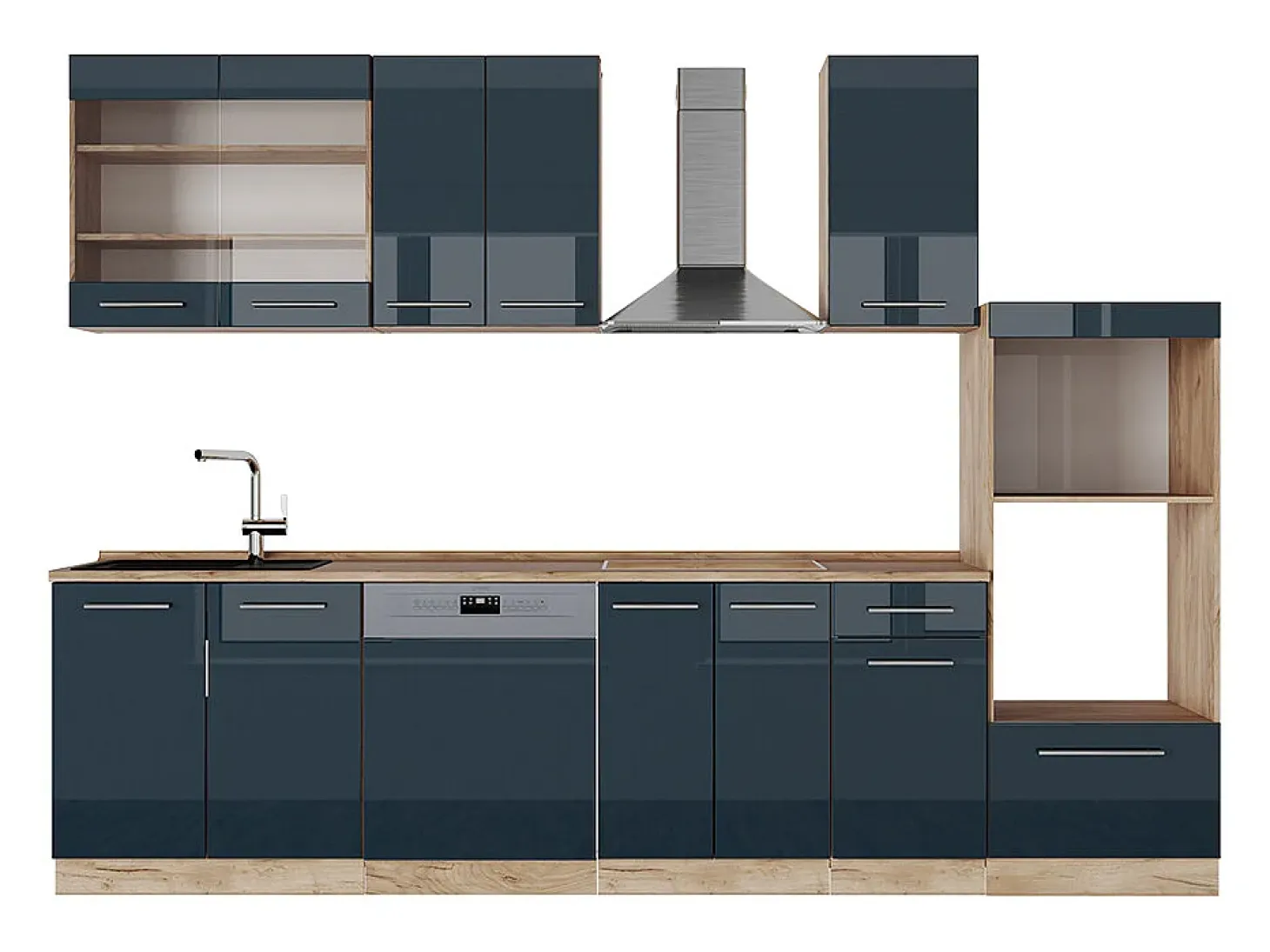 Armarios de cocina azul oscuro alto brillo/roble dorado 300x46x81.6 fame-line