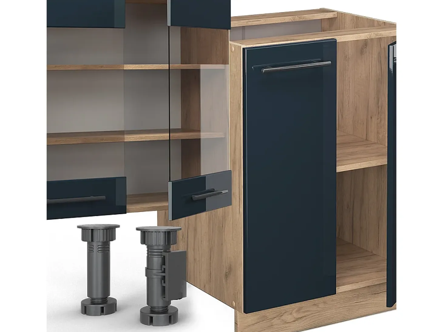 Armarios de cocina azul oscuro alto brillo/roble dorado 300x46x81.6 fame-line