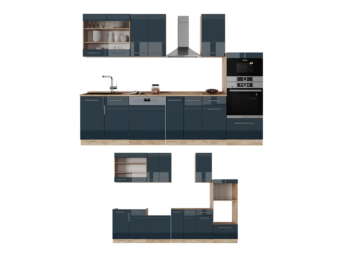 Armarios de cocina azul oscuro alto brillo/roble dorado 300x46x81.6 fame-line