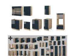 Armarios de cocina azul oscuro alto brillo/roble dorado 300x46x81.6 fame-line
