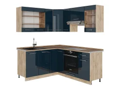 Armarios de cocina azul oscuro alto brillo/roble dorado 190x46x81.6 fame-line