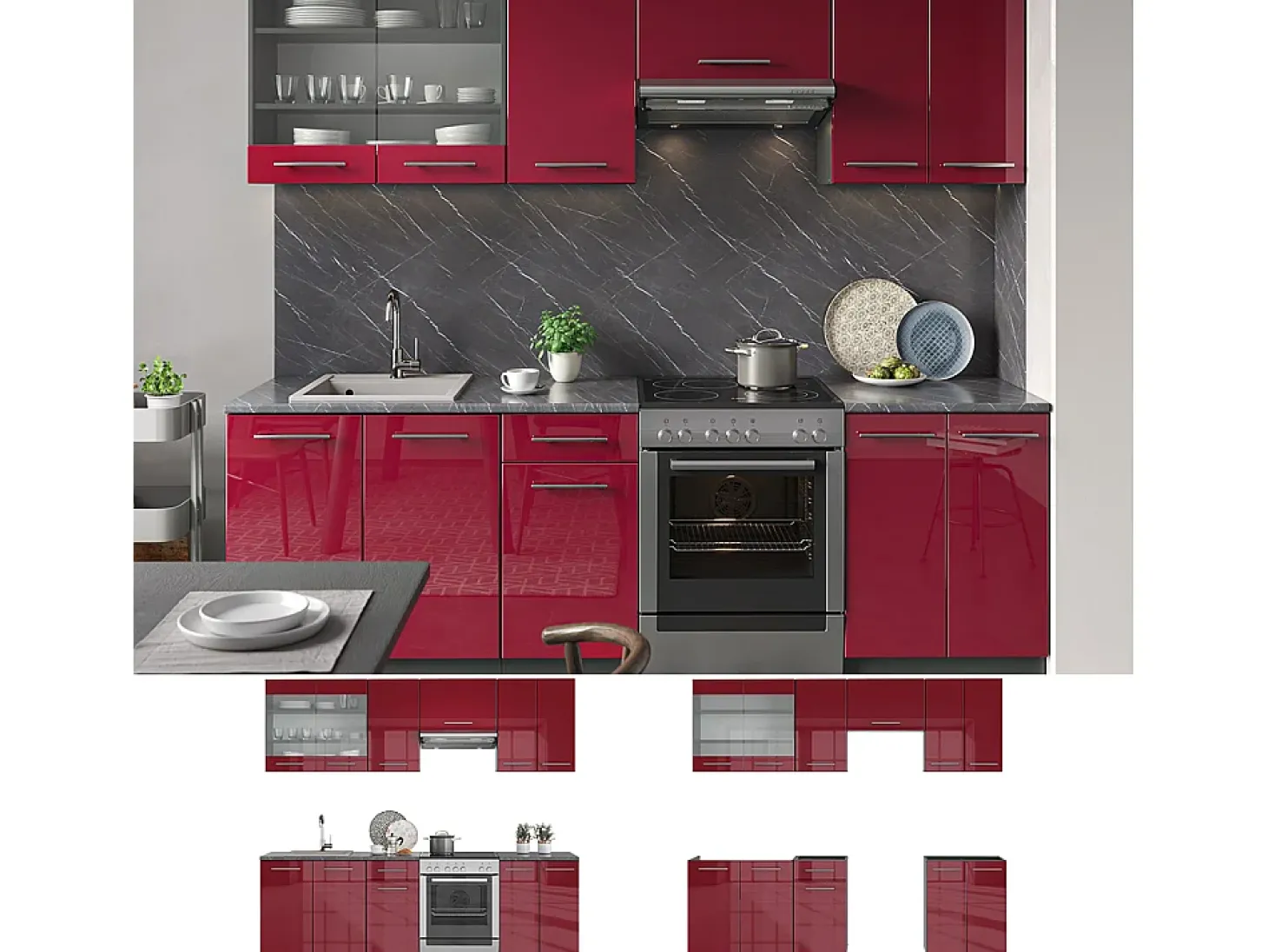 Armarios de cocina rojo burdeos alto brillo 240x46x81.6 fame-line