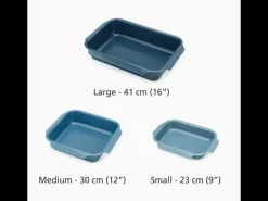 Bandejas para asar antiadherentes Joseph Joseph Nest Oven, set de 3, acero carbono, ahorro de espacio, apto para horno, color azul.