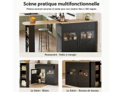 Bar buffet extensible y giratorio 360° con espacio de almacenamiento, 138–204 cm, negro, con estantes
