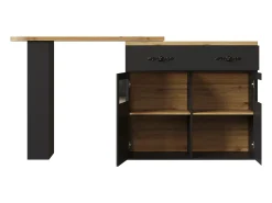 Bar buffet extensible y giratorio 360° con espacio de almacenamiento, 138–204 cm, negro, con estantes