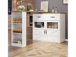 Bar buffet extensible y giratorio 360° con espacio de almacenamiento, 138–204 cm, blanco, con estantes