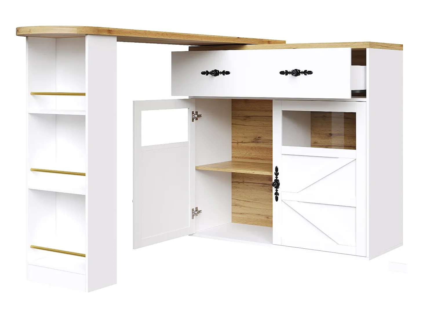 Bar buffet extensible y giratorio 360° con espacio de almacenamiento, 138–204 cm, blanco, con estantes