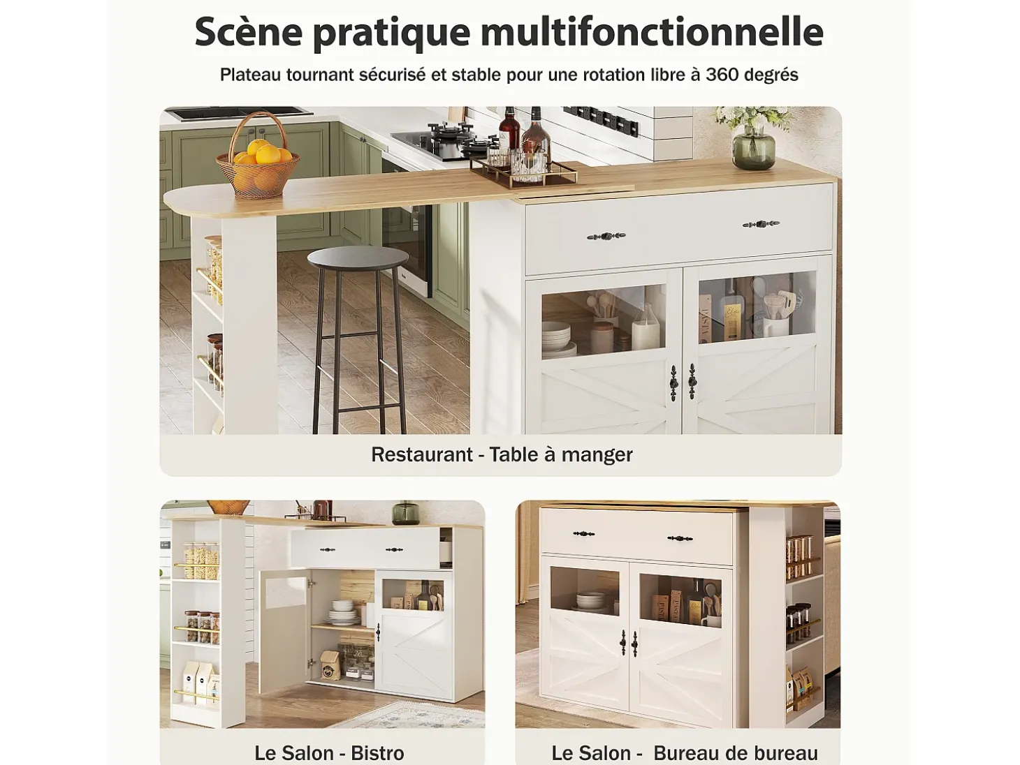 Bar buffet extensible y giratorio 360° con espacio de almacenamiento, 138–204 cm, blanco, con estantes