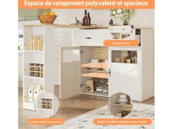 Bar buffet extensible y giratorio 360° con espacio de almacenamiento, 138–204 cm, blanco, con estantes