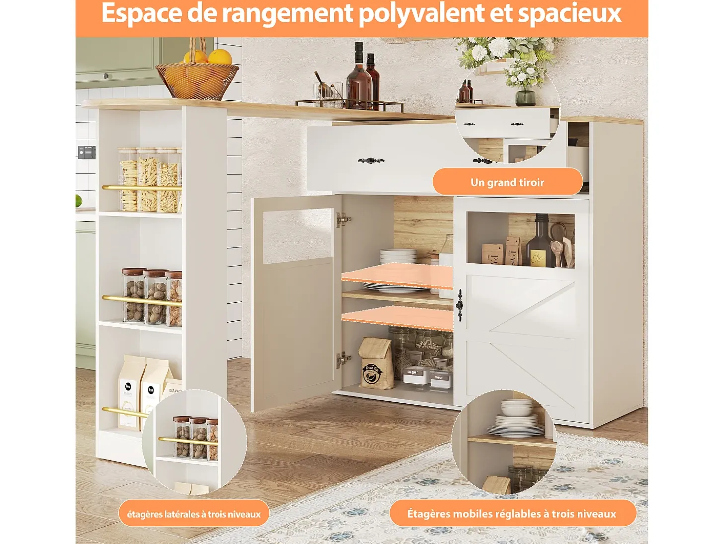 Bar buffet extensible y giratorio 360° con espacio de almacenamiento, 138–204 cm, blanco, con estantes