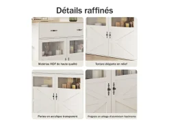 Bar buffet extensible y giratorio 360° con espacio de almacenamiento, 138–204 cm, blanco, con estantes