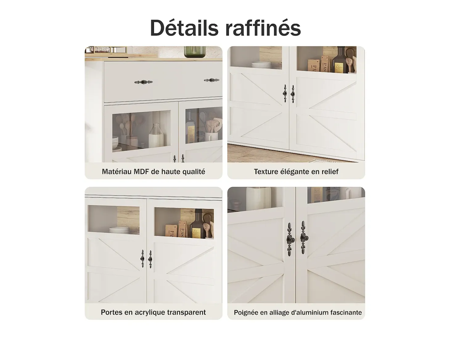 Bar buffet extensible y giratorio 360° con espacio de almacenamiento, 138–204 cm, blanco, con estantes