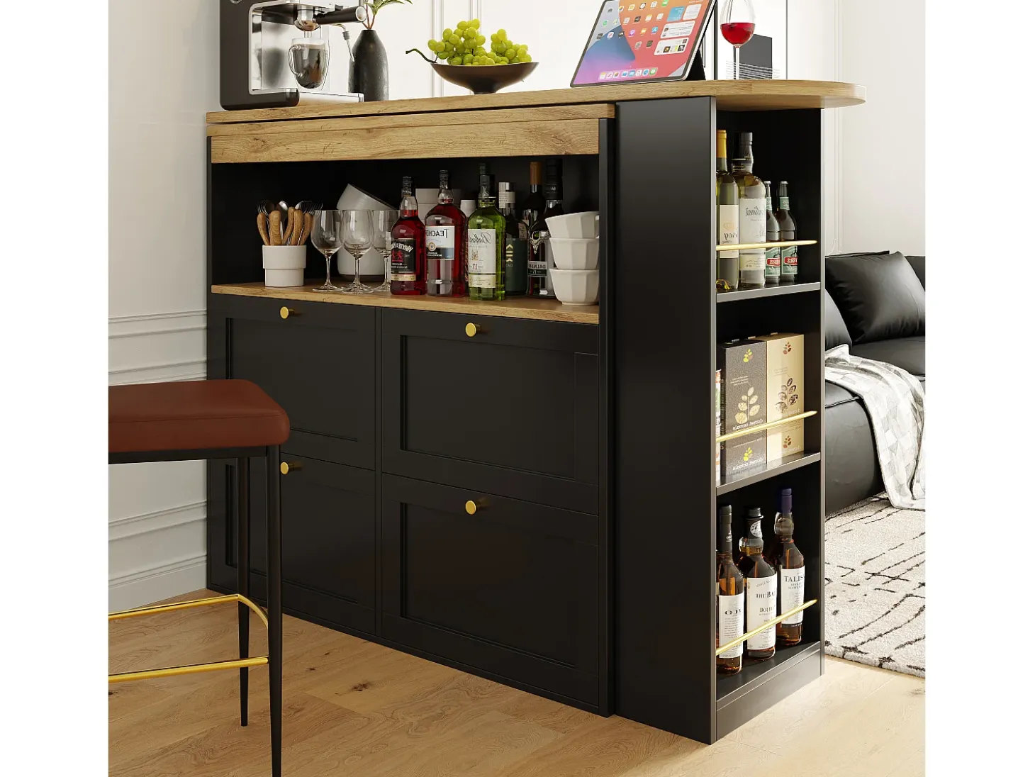 Barra giratoria 360°, con 4 cajones y estantes abiertos, MDF negro, (105x39x102 cm)