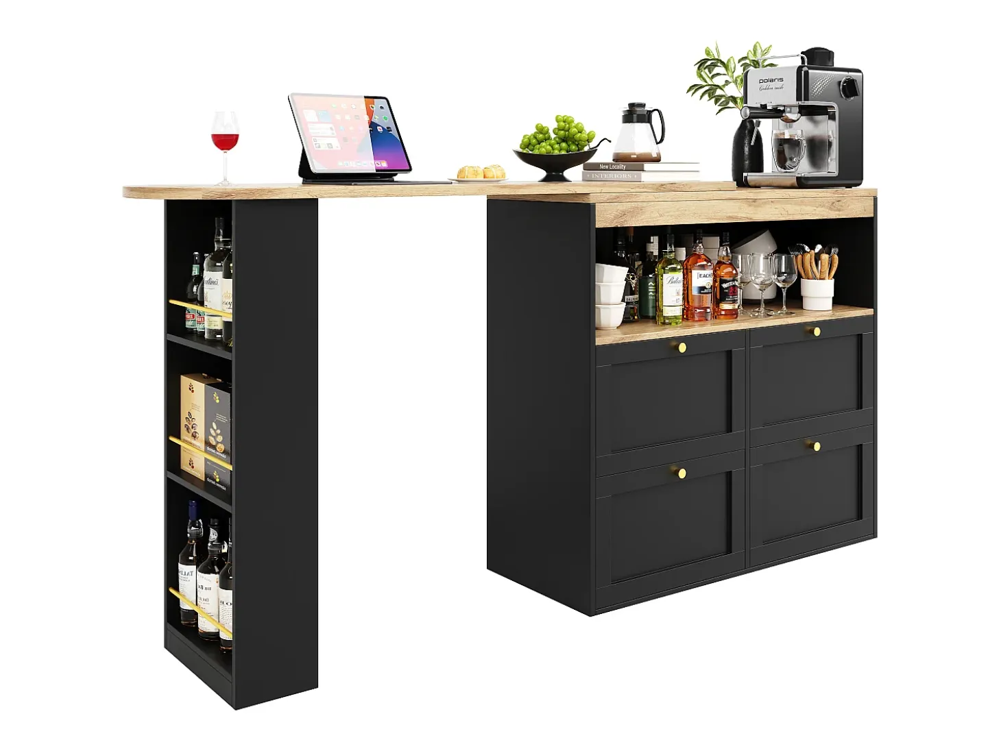 Barra giratoria 360°, con 4 cajones y estantes abiertos, MDF negro, (105x39x102 cm)