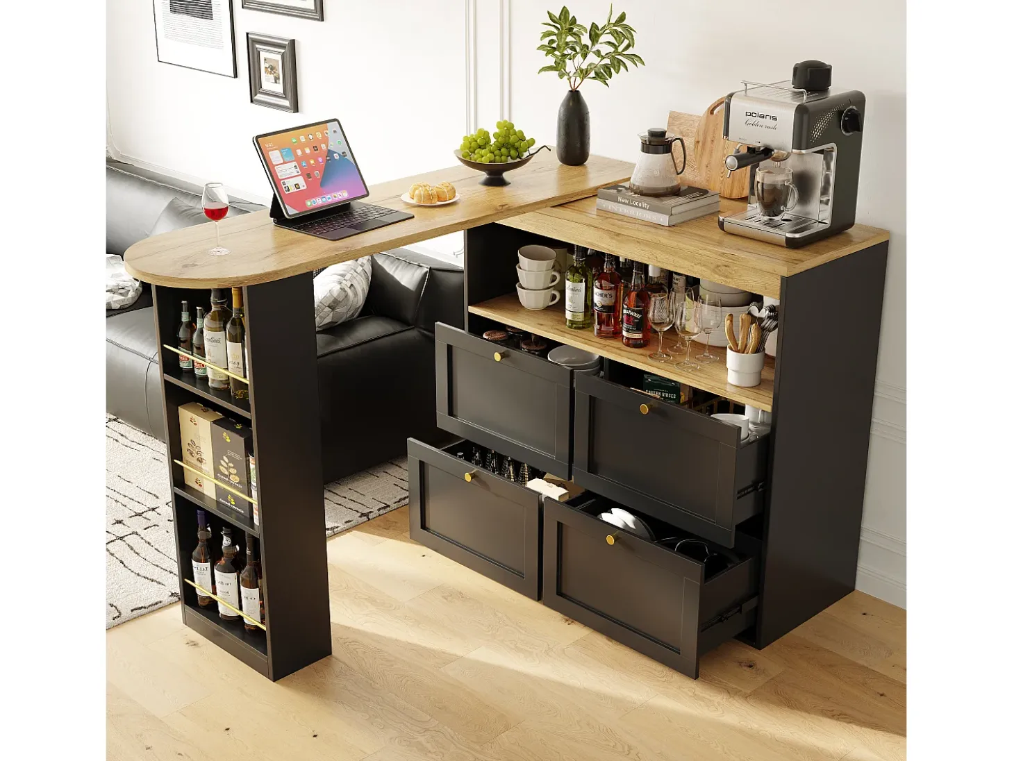 Barra giratoria 360°, con 4 cajones y estantes abiertos, MDF negro, (105x39x102 cm)