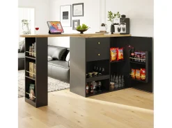 Barra giratoria 360°, con 2 cajones y puerta corredera, 3 estantes abiertos, MDF negro, (105x39x102 cm)