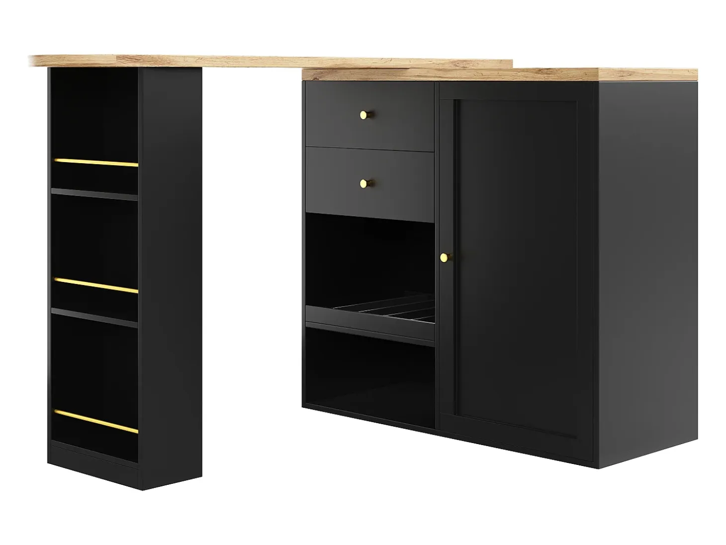 Barra giratoria 360°, con 2 cajones y puerta corredera, 3 estantes abiertos, MDF negro, (105x39x102 cm)