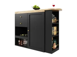 Barra giratoria 360°, con 2 cajones y puerta corredera, 3 estantes abiertos, MDF negro, (105x39x102 cm)