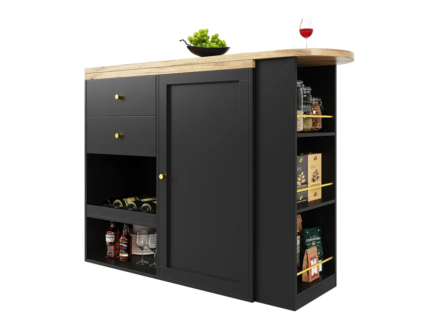 Barra giratoria 360°, con 2 cajones y puerta corredera, 3 estantes abiertos, MDF negro, (105x39x102 cm)
