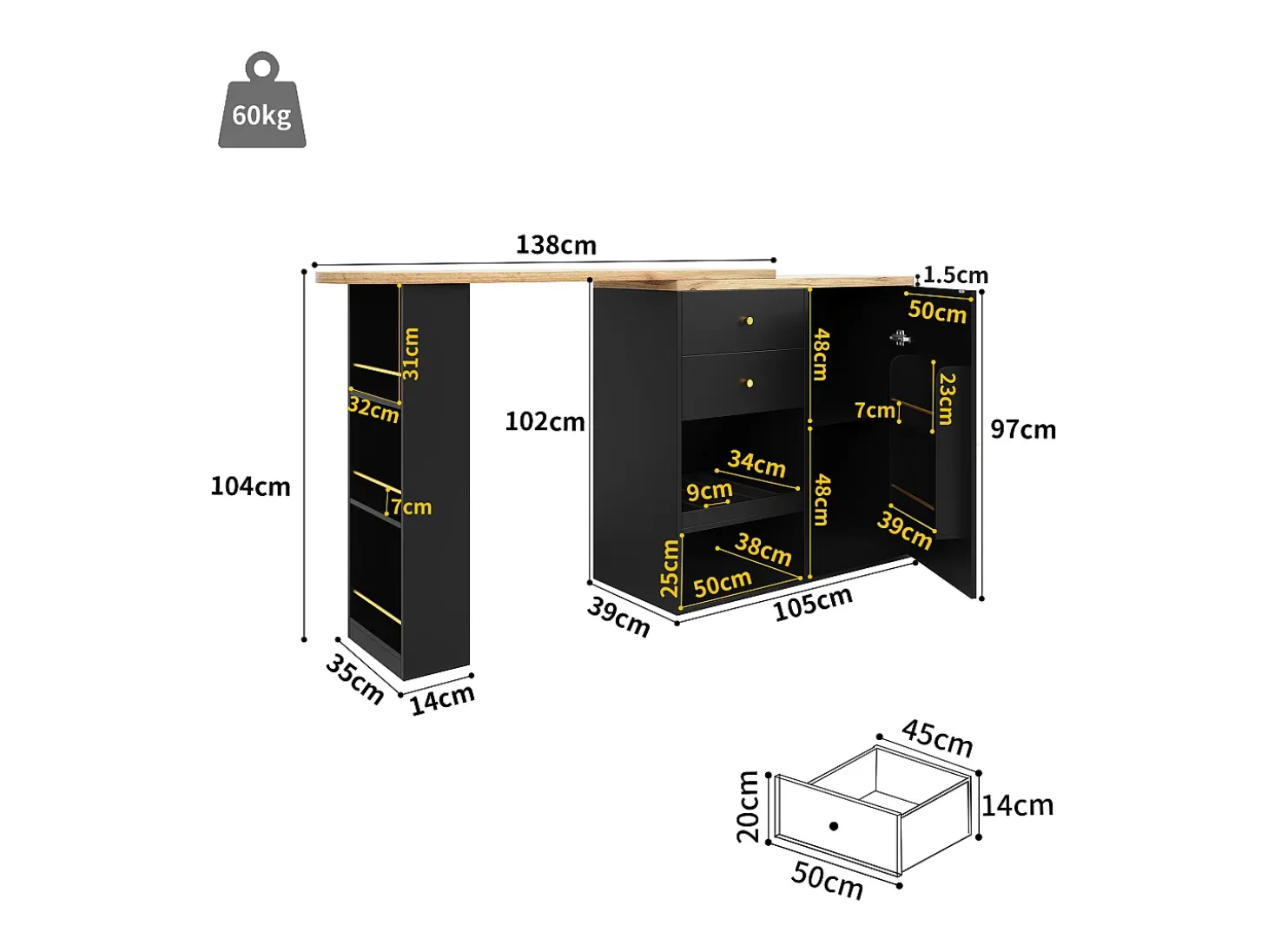 Barra giratoria 360°, con 2 cajones y puerta corredera, 3 estantes abiertos, MDF negro, (105x39x102 cm)