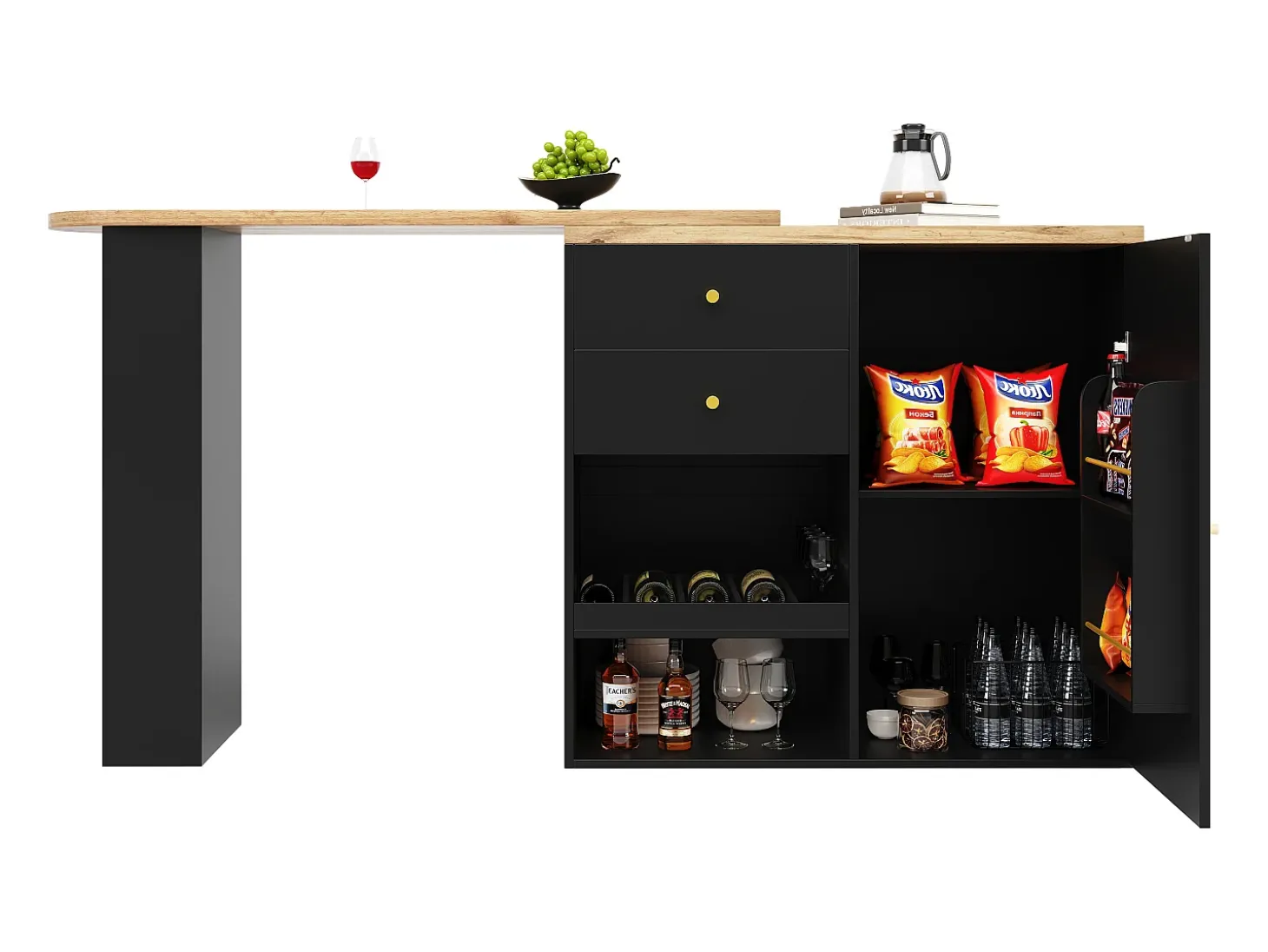 Barra giratoria 360°, con 2 cajones y puerta corredera, 3 estantes abiertos, MDF negro, (105x39x102 cm)