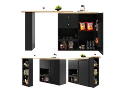 Barra giratoria 360°, con 2 cajones y puerta corredera, 3 estantes abiertos, MDF negro, (105x39x102 cm)