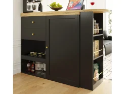 Barra giratoria 360°, con 2 cajones y puerta corredera, 3 estantes abiertos, MDF negro, (105x39x102 cm)